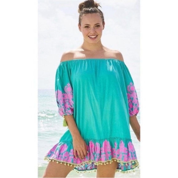 NWT Debbie Katz Lali Hot Pink  Pom Pom Tunic dress Cover-up embroidered X- Large - Picture 3 of 3